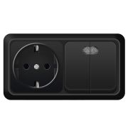 Блок ОП Олимп 2-кл. выкл. с подсветкой 10А + роз. с заземл. 16А 220В горизонт. черн. Universal 7946812