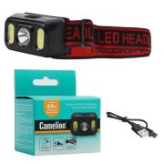 Фонарь аккумуляторный налобный 3.7В XPE+2 x COB 3Вт 5 режимов Type-C бокс LED53417 черн. Camelion 15747